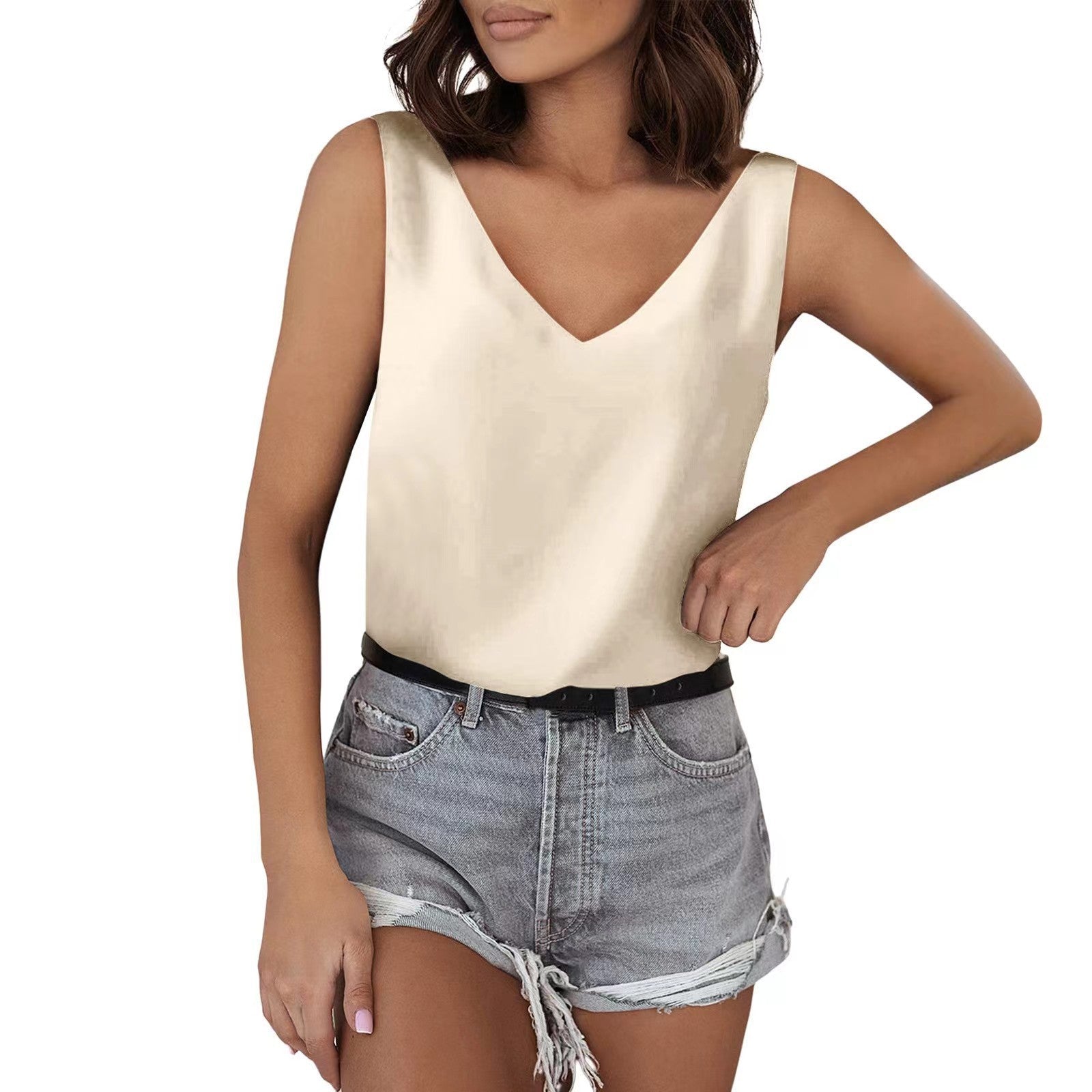 Damen Ärmelloses V-Ausschnitt Top Aus Hochwertigem Material Heidi-Mode