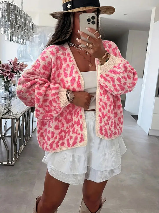 Damen lässiger Strickcardigan mit elegantem Leopardenmuster R&B