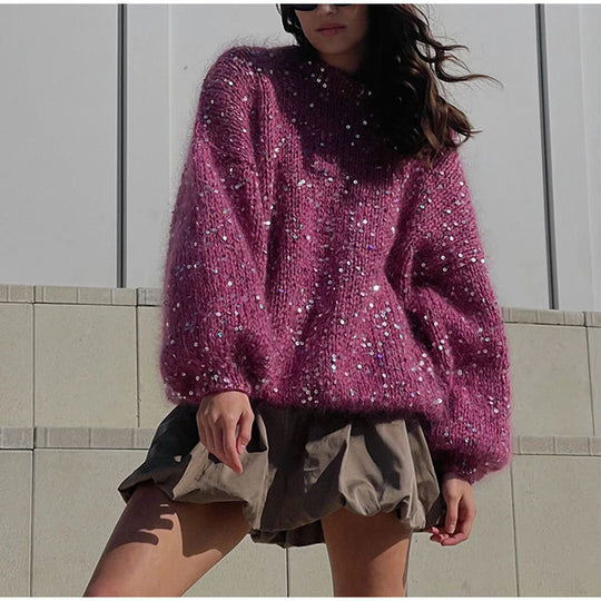 Damen Glitzernder Strickpullover mit Puffärmeln R&B
