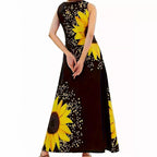 Damen Maxikleid mit floralem Sonnenblumenmuster und raffinierten Taschen R&B