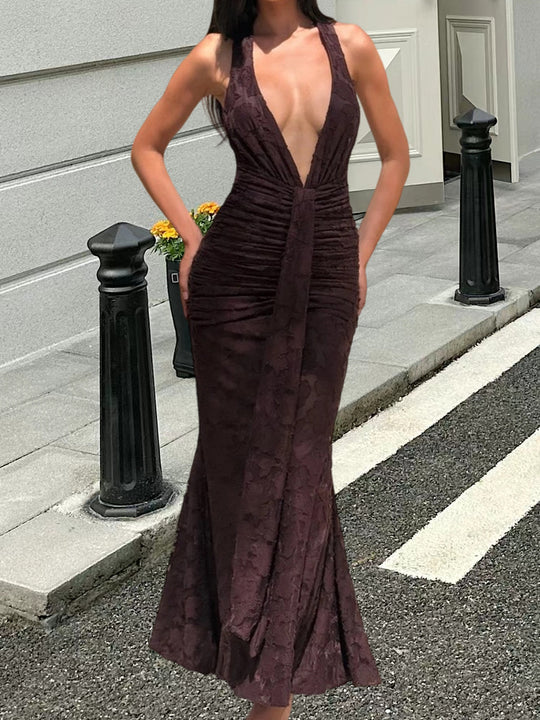 Damen Elegantes Maxikleid mit raffinierten Drapierungen und tiefem V-Ausschnitt R&B