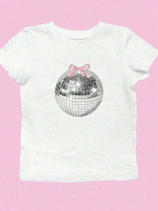 Damen T-Shirt mit funkelndem Discokugel-Motiv und zeitgemäßem Schleifendetail R&B