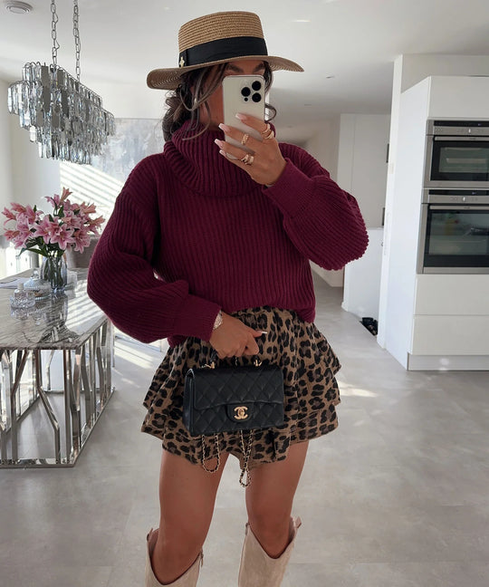 Damen Strickpullover mit hohem Kragen und voluminösen Ärmeln R&B