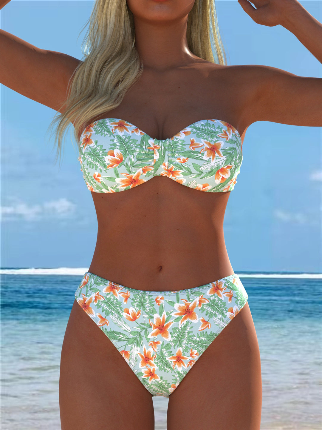 Damen Bandeau-Bikini mit einzigartigem Federmuster und hohem Taillenschnitt R&B