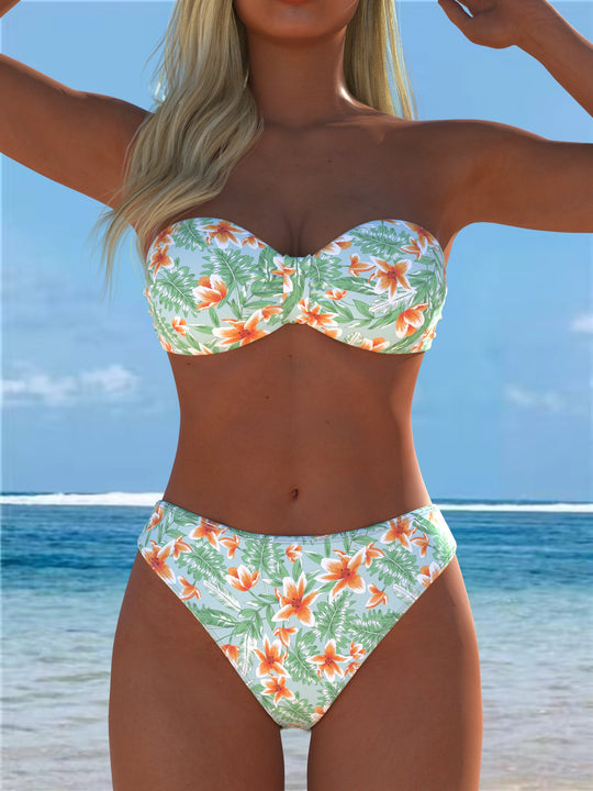Damen Bandeau-Bikini mit einzigartigem Federmuster und hohem Taillenschnitt R&B