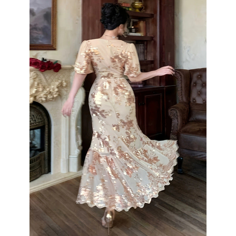 Damen Festliches Maxikleid mit funkelnden Pailletten und exquisiten Blumendetails R&B