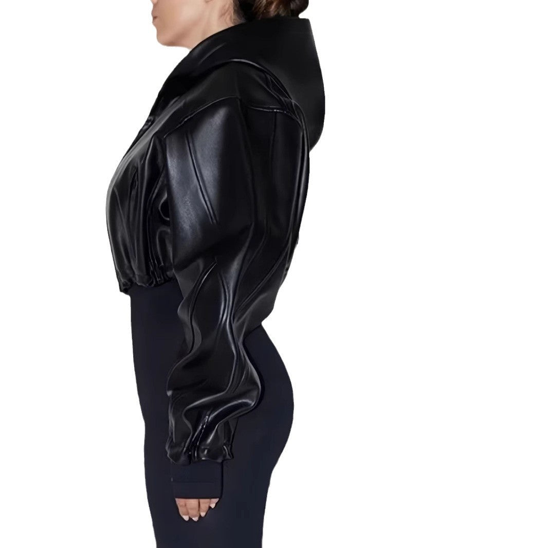 Damen Modische cropped Kunstlederjacke R&B
