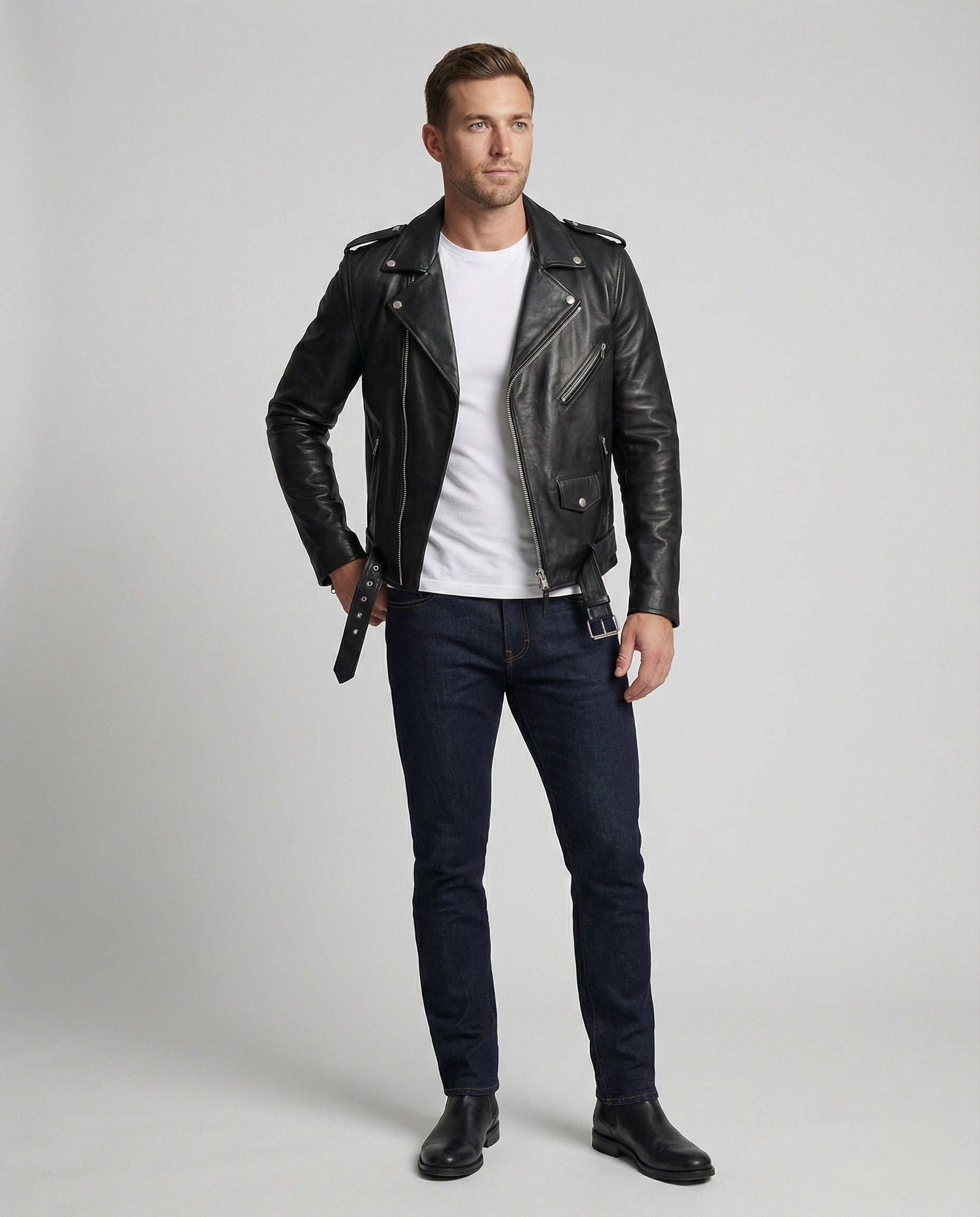 Herren Kunstleder Bikerjacke mit asymmetrischem Reißverschluss