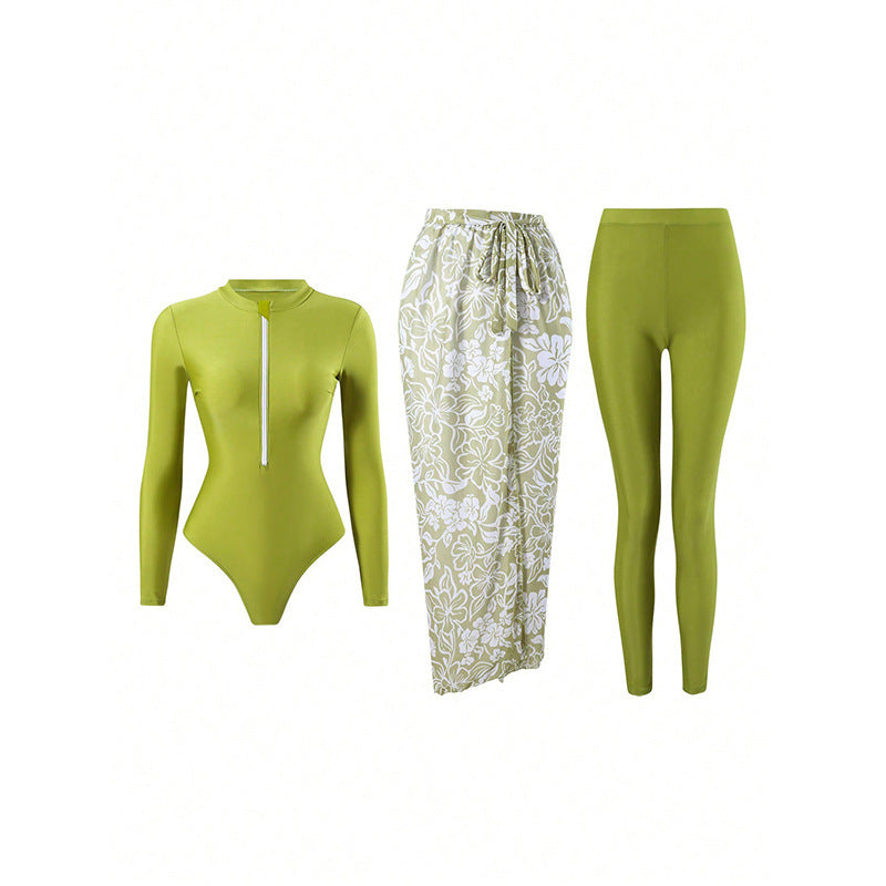 Damen langärmliger Badesuit mit floralem Wickelrock R&B