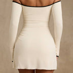 Damen Off-Shoulder Mini-Kleid mit Langarm und tiefem V-Ausschnitt R&B