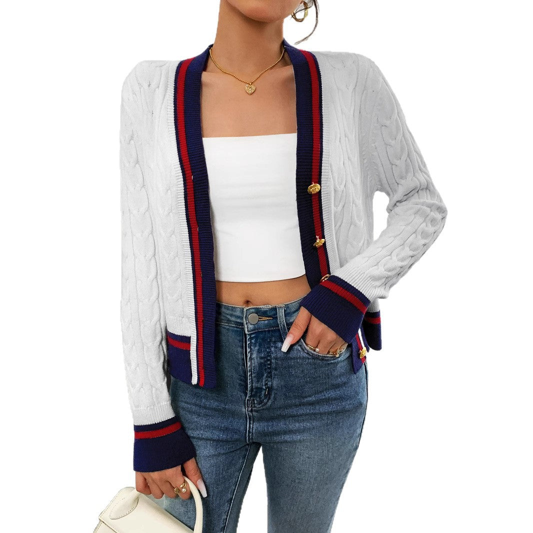 Damen modischer Kabelstrick-Cardigan mit zweifarbigem Abschluss R&B