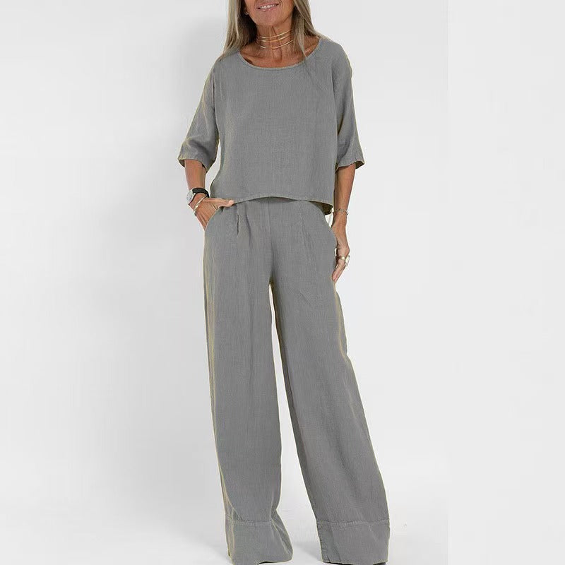 Damen luftiges Leinen-Ensemble mit weitem Schnitt und praktischen Taschen R&B