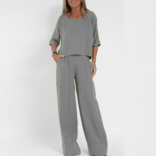 Damen luftiges Leinen-Ensemble mit weitem Schnitt und praktischen Taschen R&B