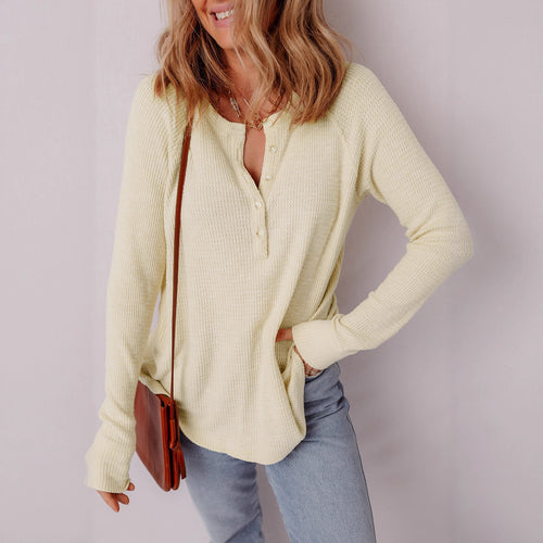 Damen lässiger Henley-Pullover aus strukturiertem Material R&B