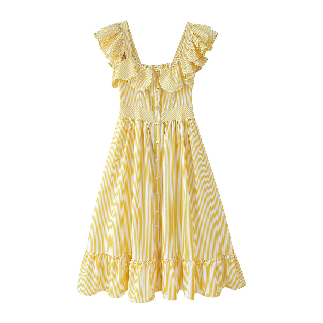 Damen Rüschensommerkleid mit Knopfdetails und weitem Rock R&B
