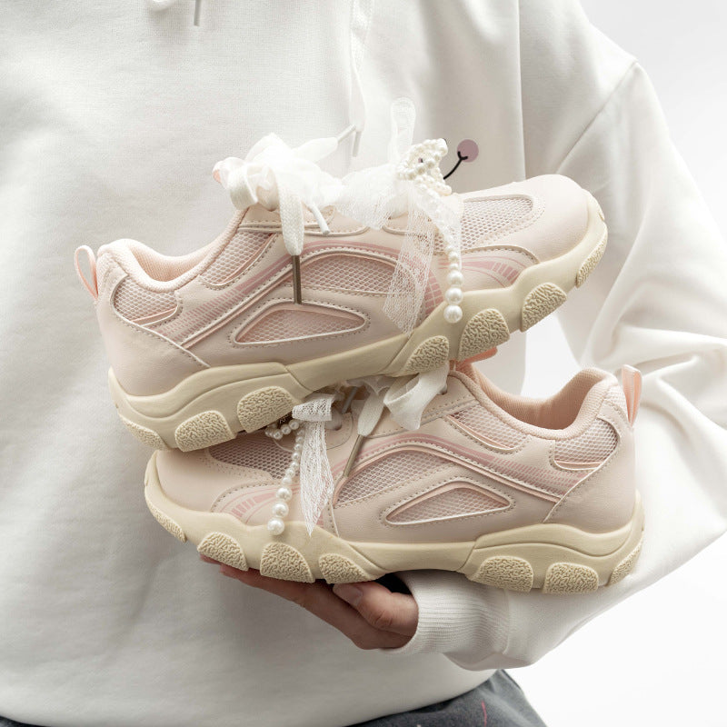 Damen Sportliche Sneakers mit dekorativen Perlenschnürsenkeln und atmungsaktiver Mesh-Oberfläche