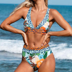 Damen Hochtailliertes Bikini-Set mit modischem Leoparden- und Blumenmuster R&B
