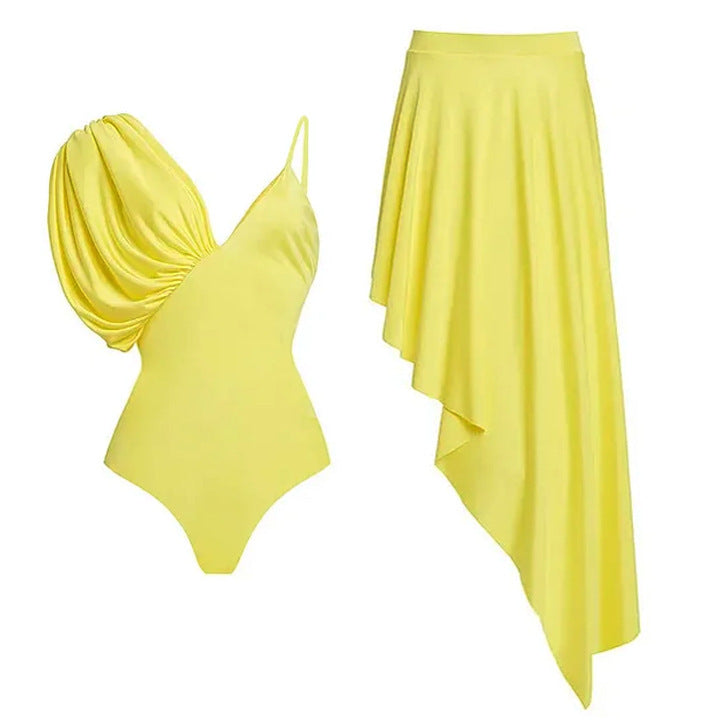 Damen asymmetrischer Einteiler Badeanzug mit voluminösen Puffärmeln R&B