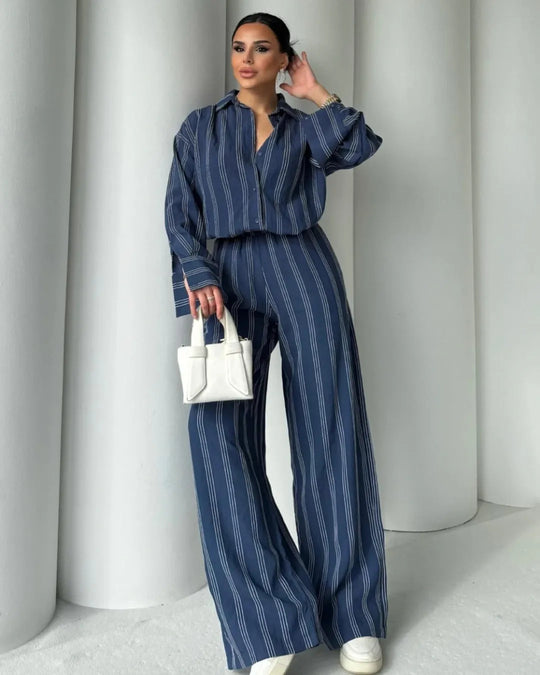 Damen gestreiftes Lounge-Set mit weiten Hosen und lockerer Bluse R&B