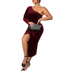 Damen Elegantes One-Shoulder Abendkleid mit Seitenschlitz und schimmerndem Samt R&B