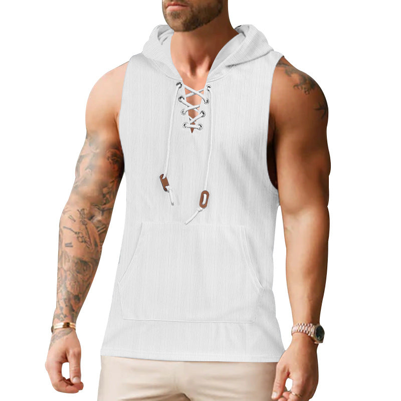 Herren ärmelloses Kapuzenshirt mit modischem Schnürdesign und praktischer Kängurutasche R&B