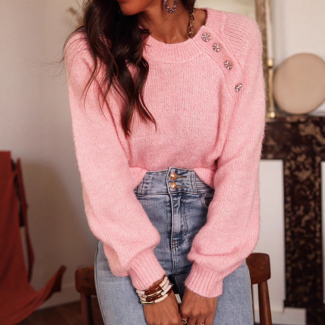 Damen elegant oversize Pullover mit Strassdetails R&B