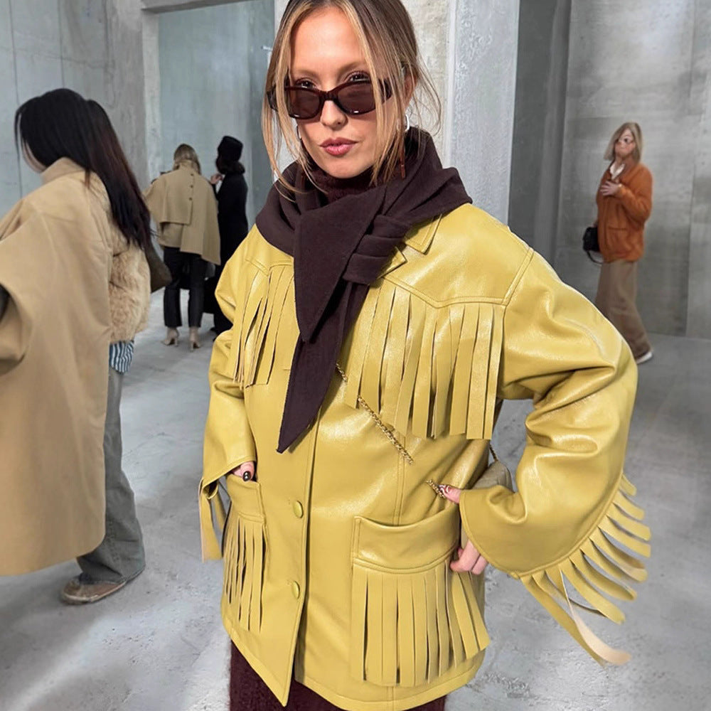 Damen Kunstlederjacke mit Fransen und praktischen Taschen R&B