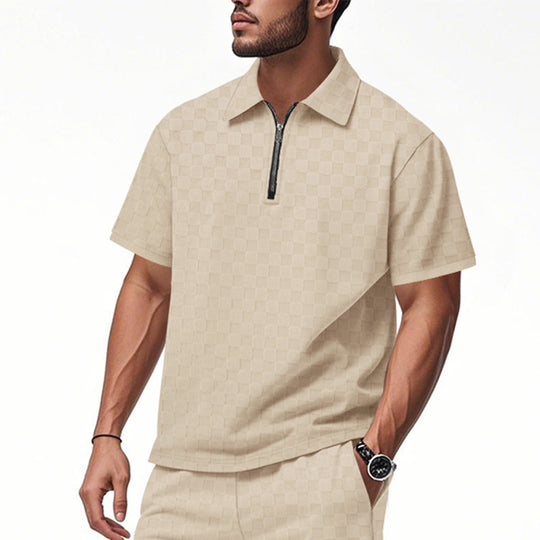 Herren Poloshirt mit halbem Reißverschluss und modernem Karomuster R&B