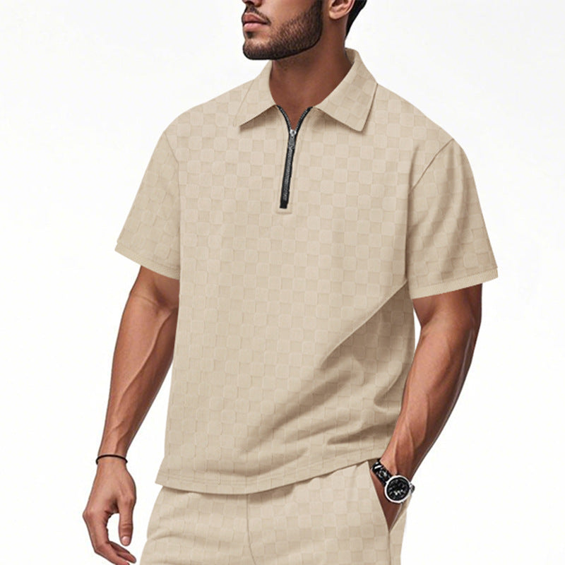Herren nan kurzes Halbzip-Poloshirt aus strukturierter Waffelpiqué mit Hemdkragen und figurbetonter Passform R&B