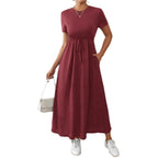 Damen lässiges Maxikleid mit elastischem Taillenbund und Rundhalsausschnitt R&B