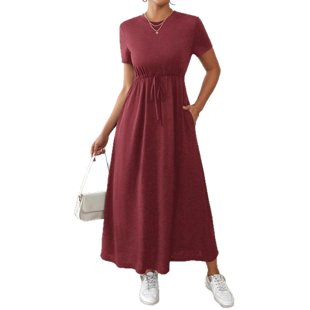 Damen lässiges Maxikleid mit elastischem Taillenbund und Rundhalsausschnitt R&B