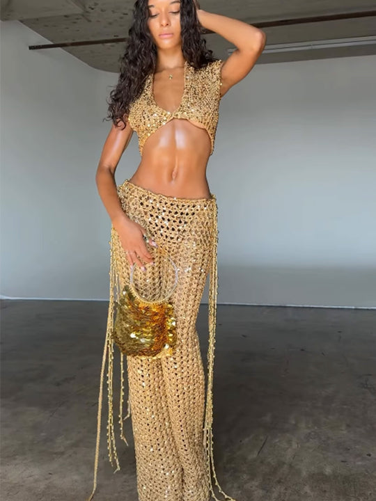 Damen Knöchellanges Glitzer-Overfit-Set mit funkelnden Details und fließendem Design R&B