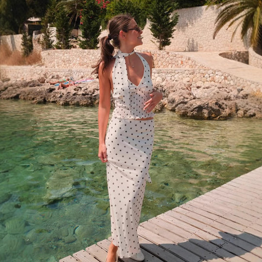 Damen Polka-Dot Midi-Set mit tailliertem Top und weitem Rock R&B