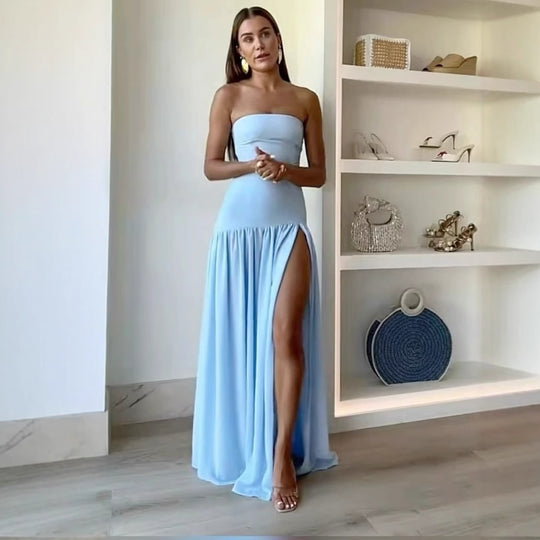 Damen Charmantes schulterfreies Maxikleid mit hohem Schlitz und fließendem Faltenrock R&B