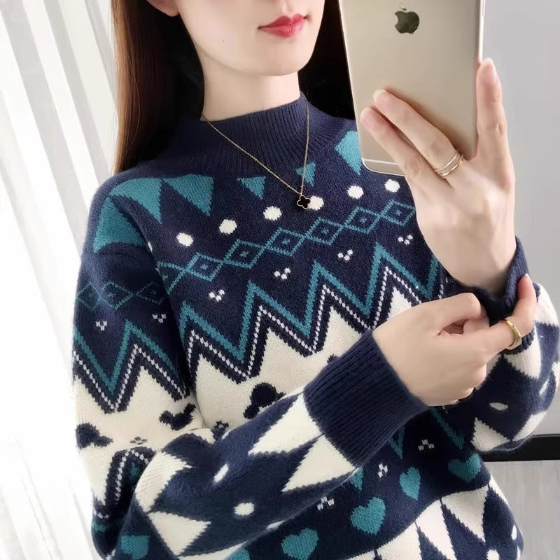 Damen festlicher Strickpullover im modernen Weihnachtsdesign mit geometrischem Muster und komfortablem Rundhalsausschnitt R&B
