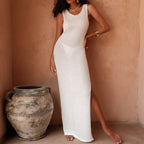 Damen figurbetontes Langkleid mit Off-Shoulder-Ausschnitt und hohem Schlitz R&B