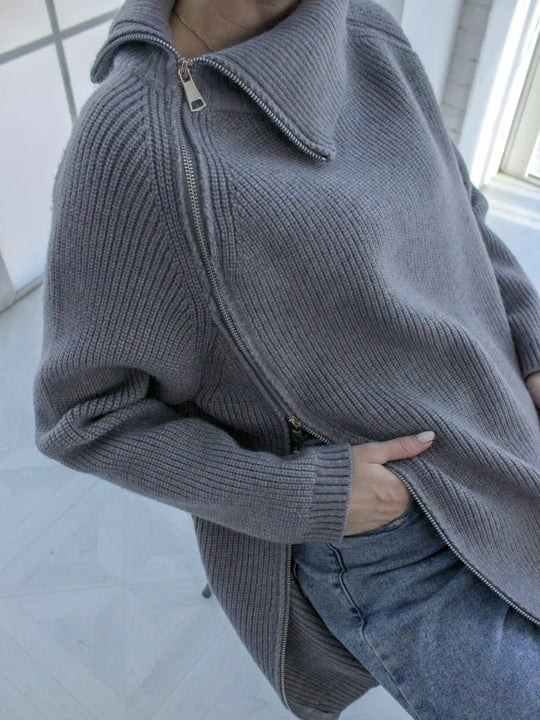 Damen lässiger Strickpullover mit asymmetrischem Reißverschluss und großem Kragen R&B