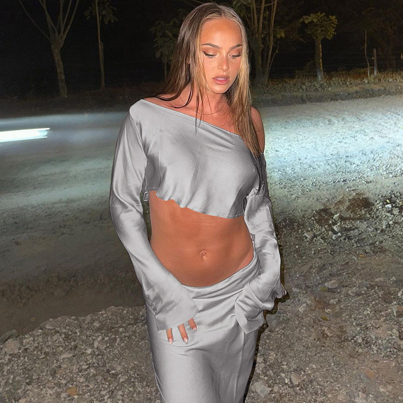 Damen Asymmetrisches Crop-Top mit langem Arm und fließendem Rock R&B