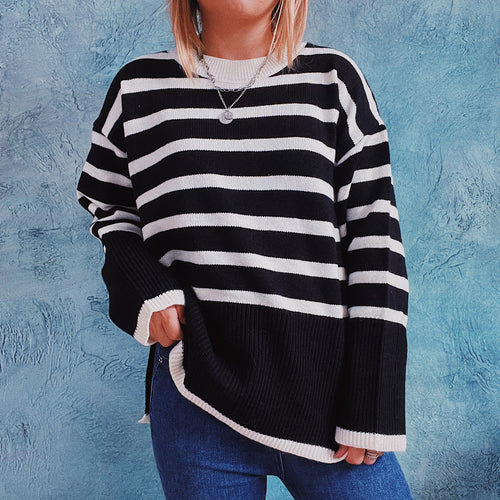 Damen lässiger Strickpullover mit modernem Streifenmuster und feiner Rippstruktur R&B