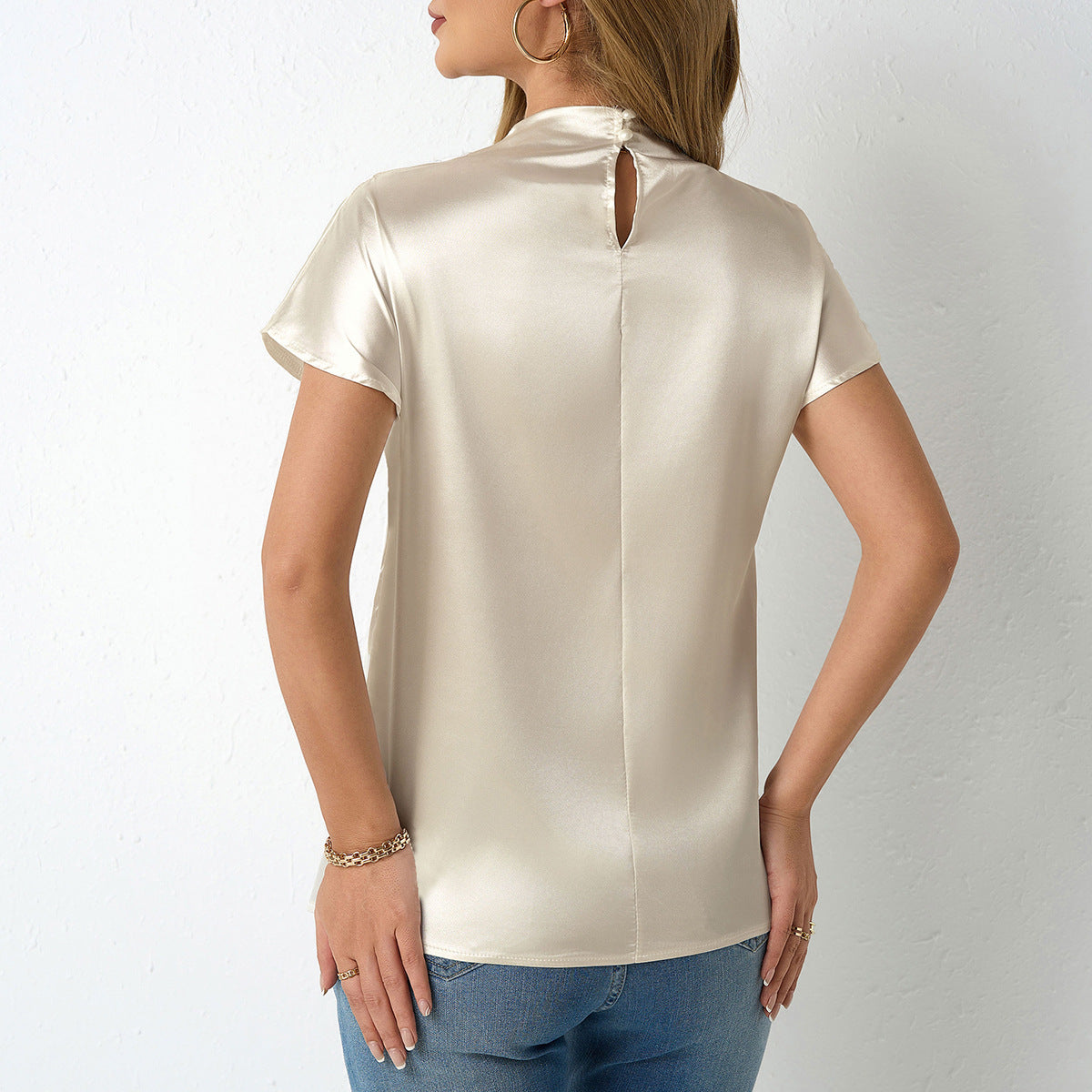 Damen elegante Satin Bluse mit Stehkragen R&B