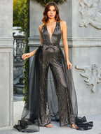 Damen Funkelnder Pailletten-Jumpsuit mit transparentem Überrock R&B