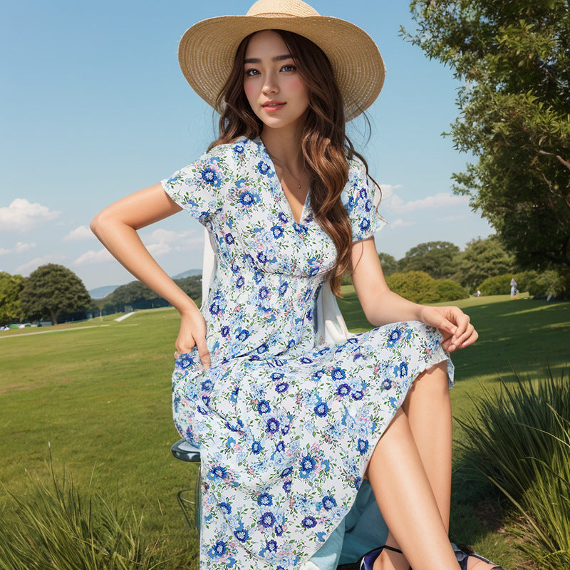Damen Elegantes Maxikleid mit floralen Akzenten und leichtem V-Ausschnitt R&B
