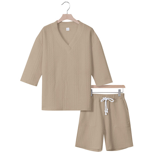 Unisex nan lässiges Lounge-Set mit V-Ausschnitt-Oberteil und Kordelbund-Shorts R&B