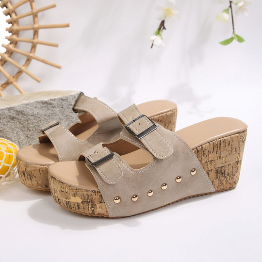 Damen Wedge-Pantoletten mit verstellbaren Schnallen und komfortablem Korkfußbett R&B