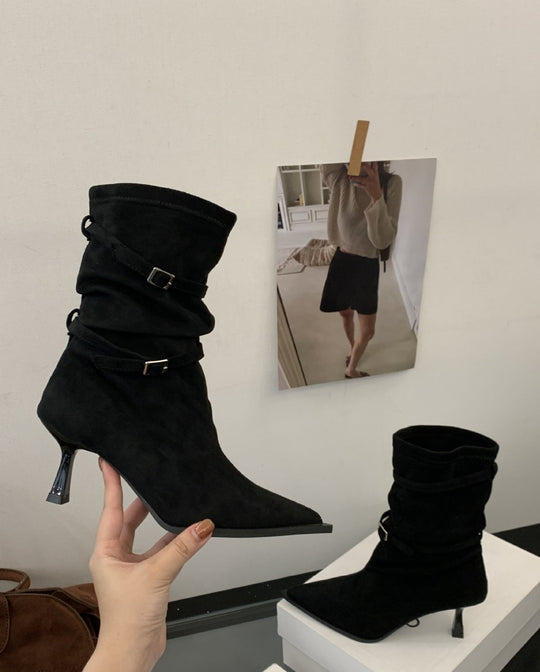 Damen elegante Stiefeletten aus süßem Wildleder mit schickem Falten-Design und kitten Absatz R&B