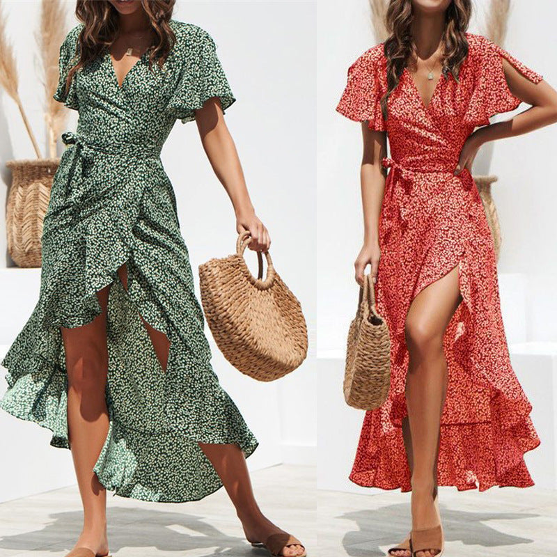 Damen lässiges Maxikleid mit Rüschendetails und hohem Schlitz R&B
