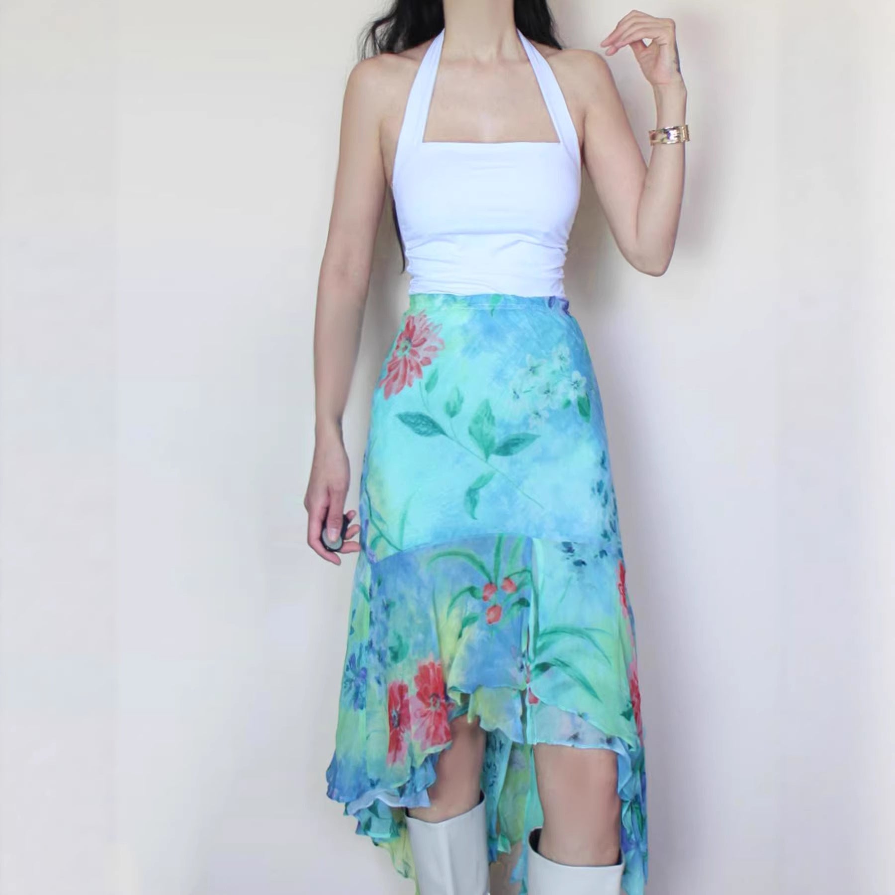 Damen asymmetrischer Rüschenrock aus floralem Chiffon R&B