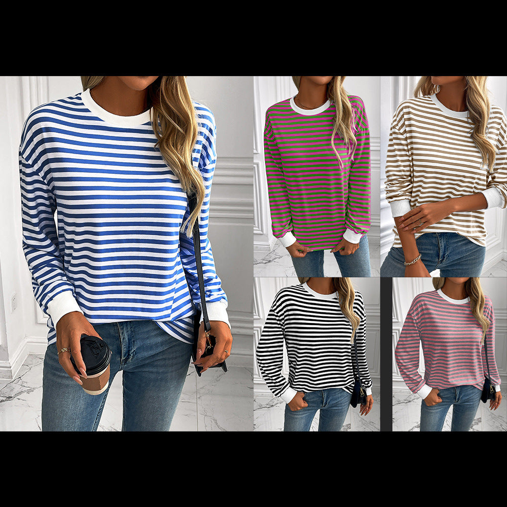 Damen gestreifter Langarm-Pullover mit lässigem Schnitt R&B
