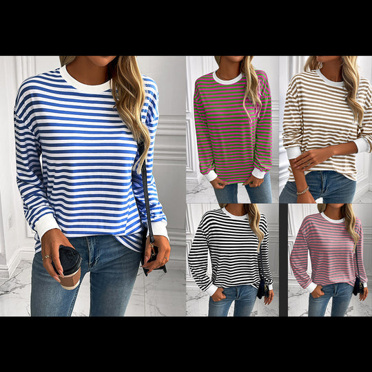 Damen gestreifter Langarm-Pullover mit lässigem Schnitt R&B