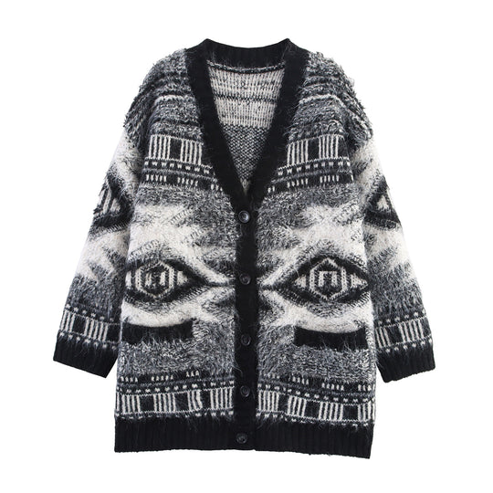 Damen Gemusterter Langarm-Cardigan mit Knopfleiste R&B